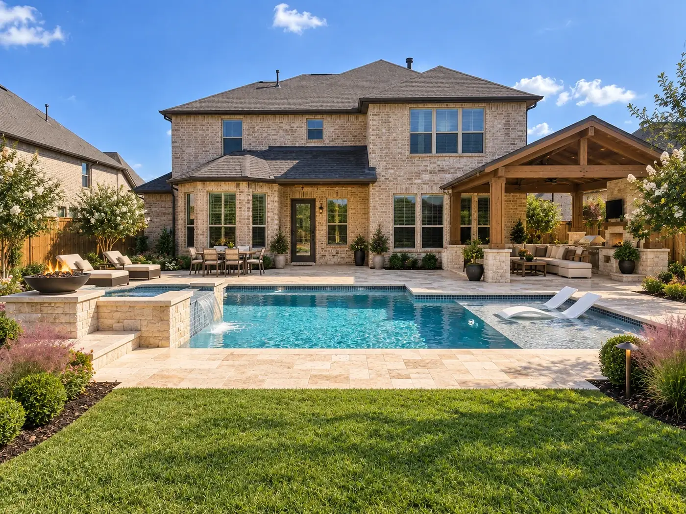 The same Dallas–Fort Worth backyard after Longhorn built a pool, travertine deck, fire feature and covered living area