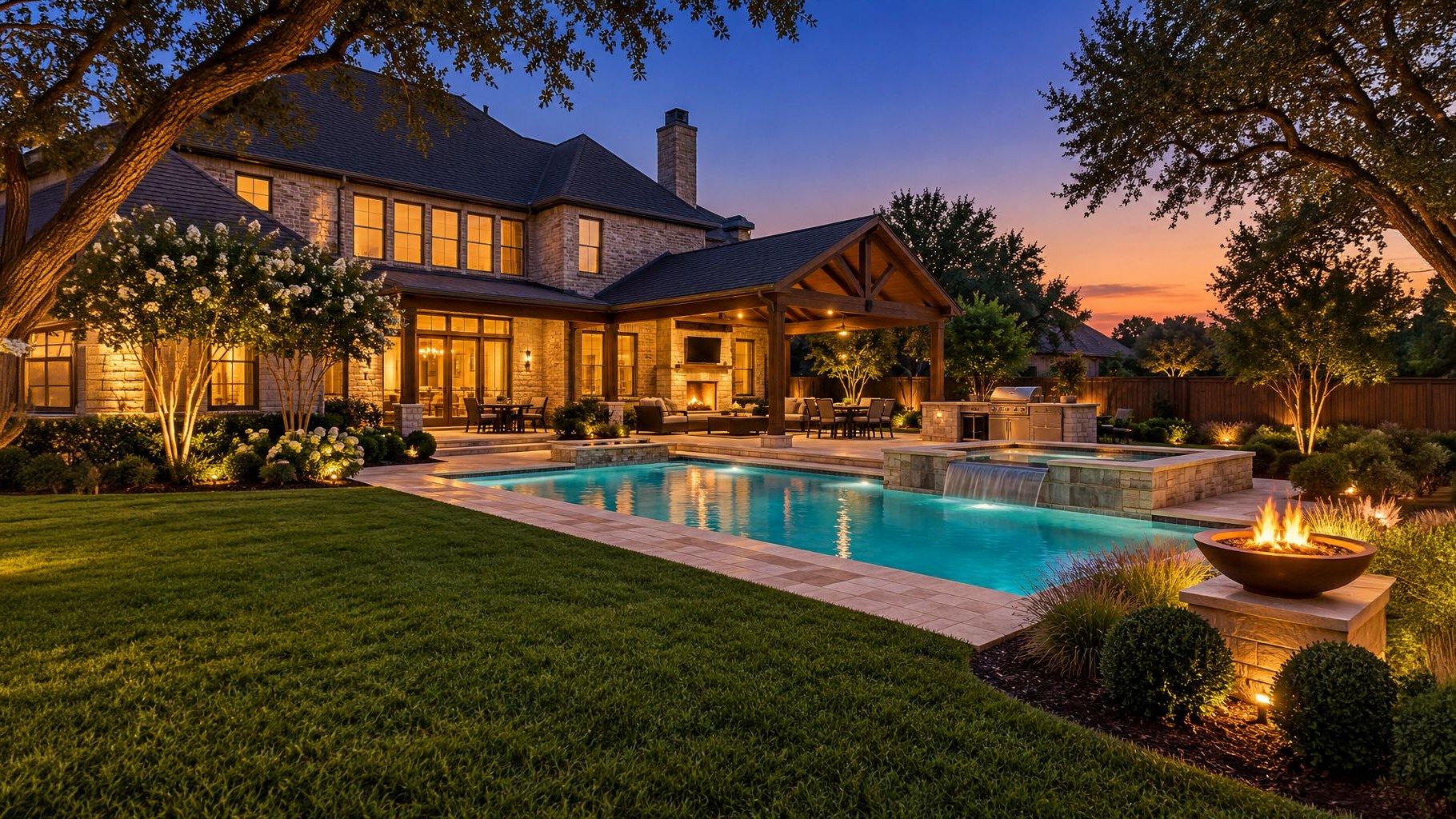 Complete Dallas–Fort Worth backyard at blue hour: lit pool and spa, cedar-beamed covered living area, outdoor kitchen and fire bowl